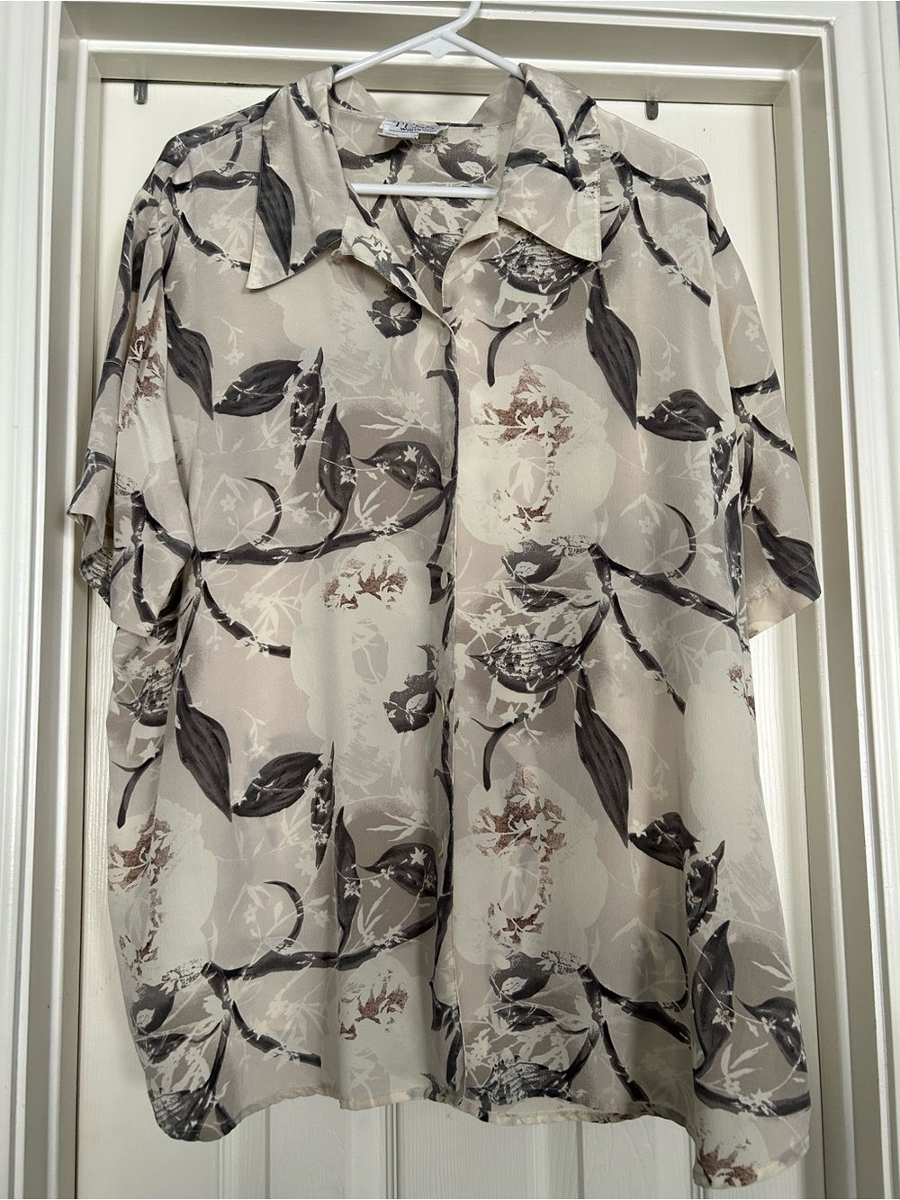 TESS Women Silk Floral Button-Up Blouse in Light Beige
